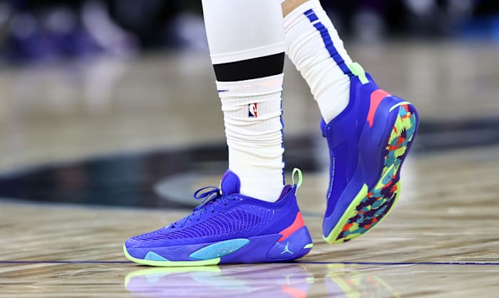 View of blue Jordan Luka shoes.